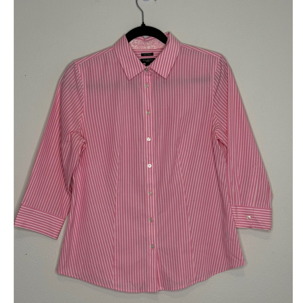 Talbots Pink White Striped Wrinkle Resistant Button Down Shirt Petites 8P